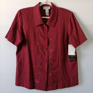 NWT Karin Stevens Wine Embroidered Beaded Button Up Short Sleeve Shirt Size 12